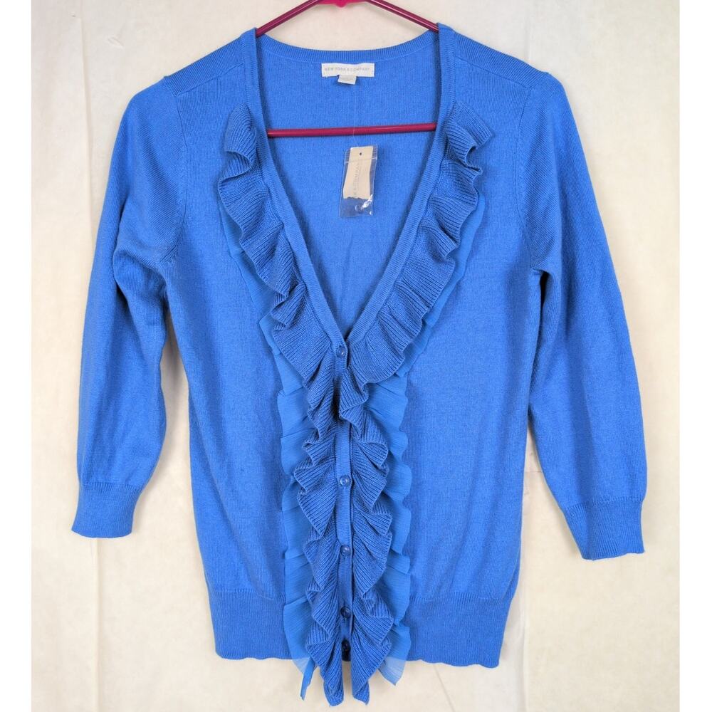 New New York and Company blue ruffled cardigan Size Small Retro Feminine Preppy